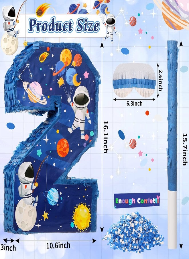 Jexine 3 Pcs 16'' Outer Space Number 2 Piñata Plastic Solar System Number Two Piñata with Blindfold Bat, Confetti for Boy Outer Space Theme 2nd Birthday Celebration Party Supplies - Image 2
